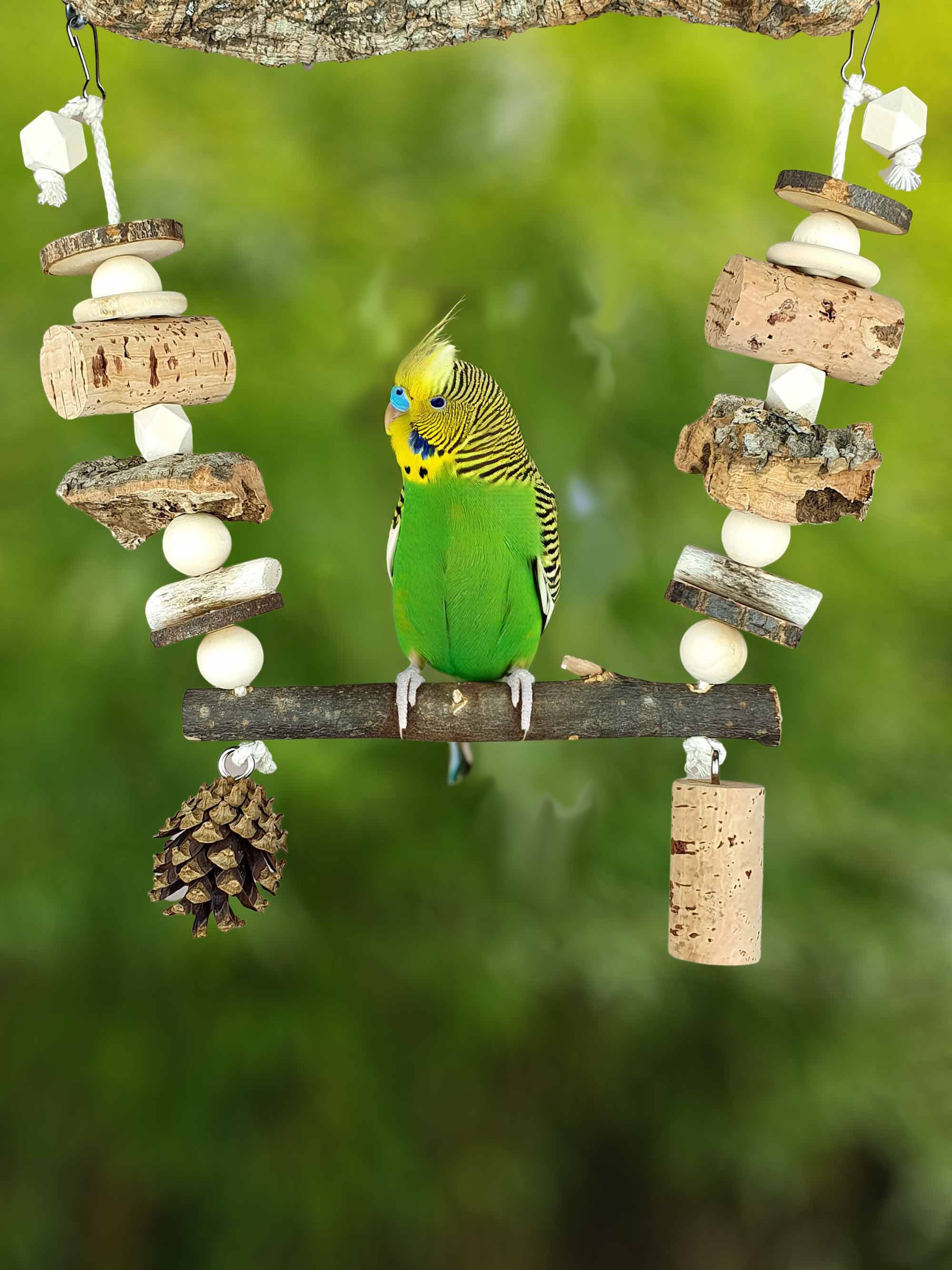 Vogel-Schaukel S mit Natur-Holz Spielzeug & Korkrinde zum Knabbern / Natürlicher Schredder-Spaß Käfig-Zubehör Wellensittich Nager Maus