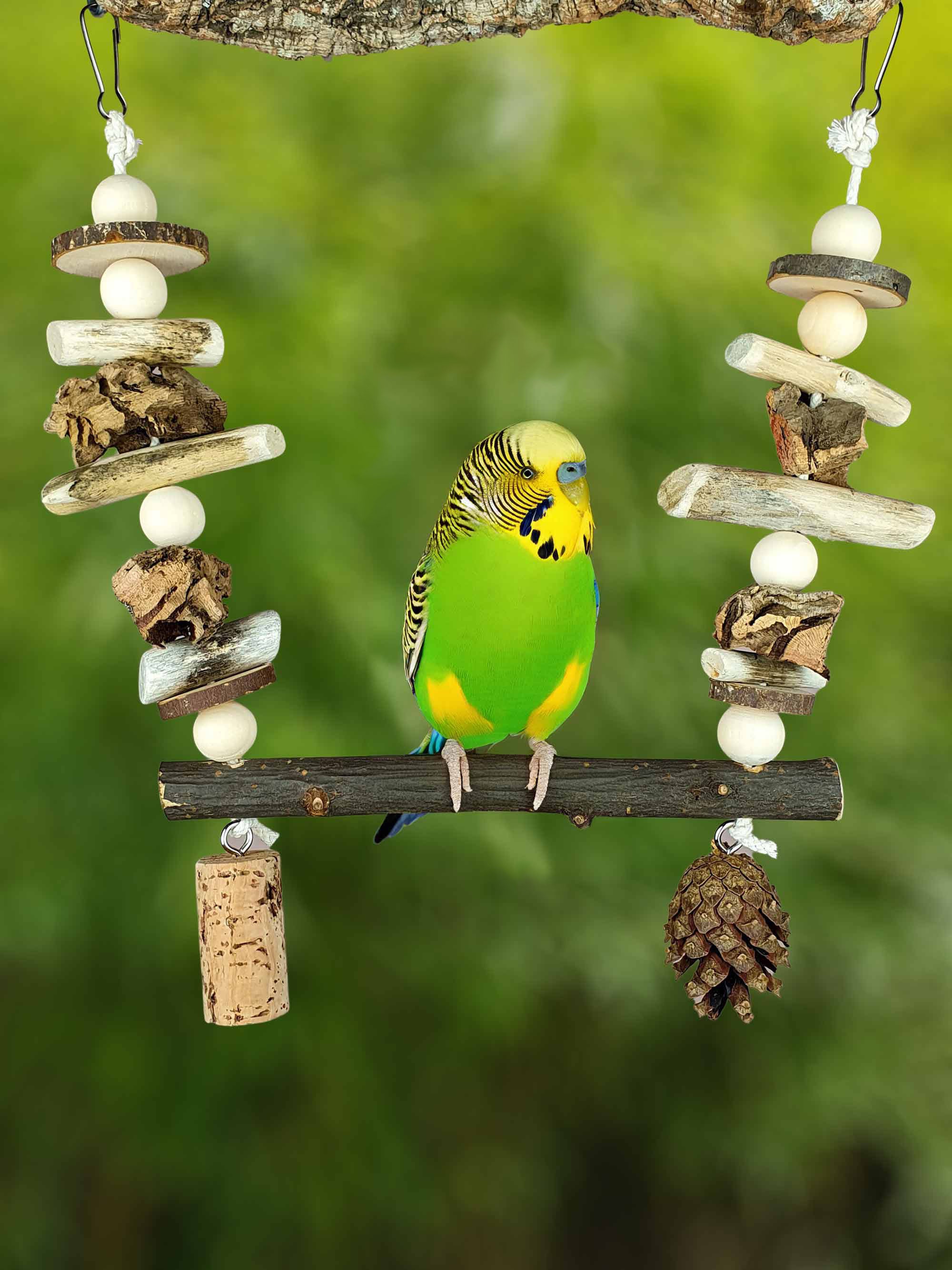 Vogel-Schaukel M mit Natur-Holz Spielzeug & Korkrinde zum Knabbern / Natürlicher Schredder-Spaß Käfig-Zubehör Wellensittich Nager Maus