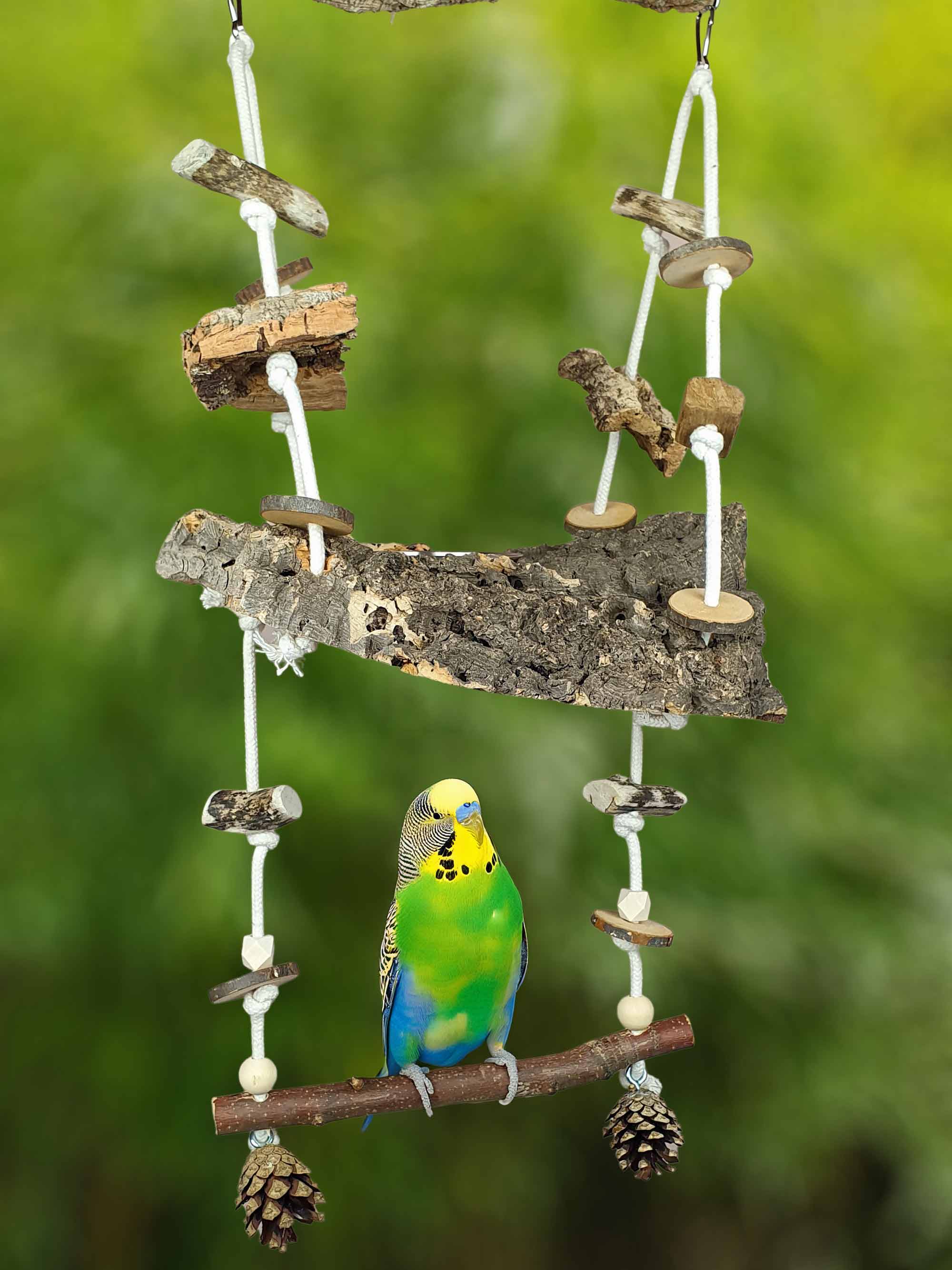XL Vogel-Schaukel Korkrinde mit Snack-Schale / Natur-Holz Sitz-Stange & Knabber-Spielzeug, Käfig-Zubehör Voliere Beschäftigung Wellensittich