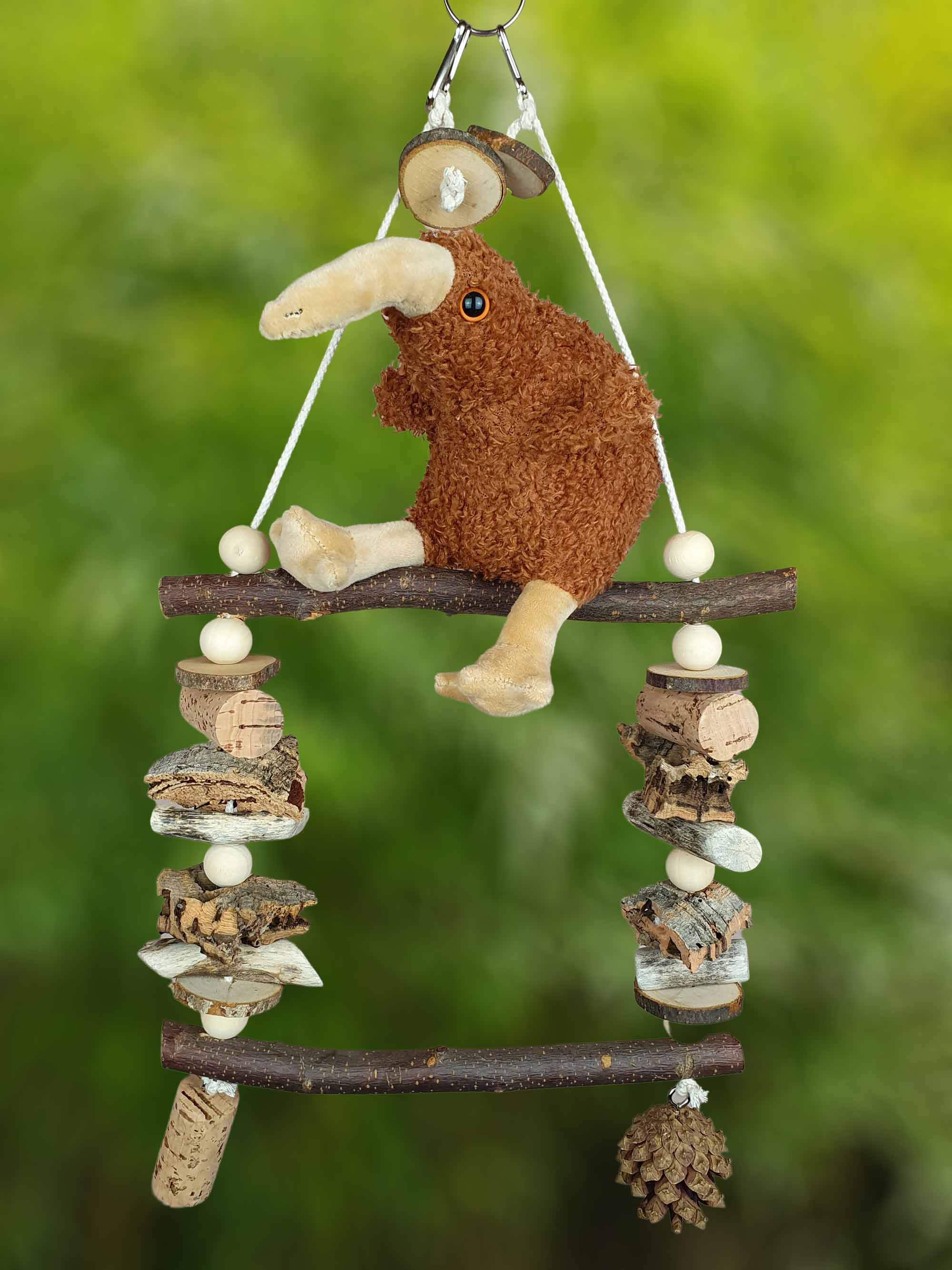 Doppel-Vogel-Schaukel L Natur-Holz Sitzstangen & Knabber-Spaß / Schredder-Spielzeug Käfig-Zubehör Freiflug Voliere Wellensittich Nager Maus