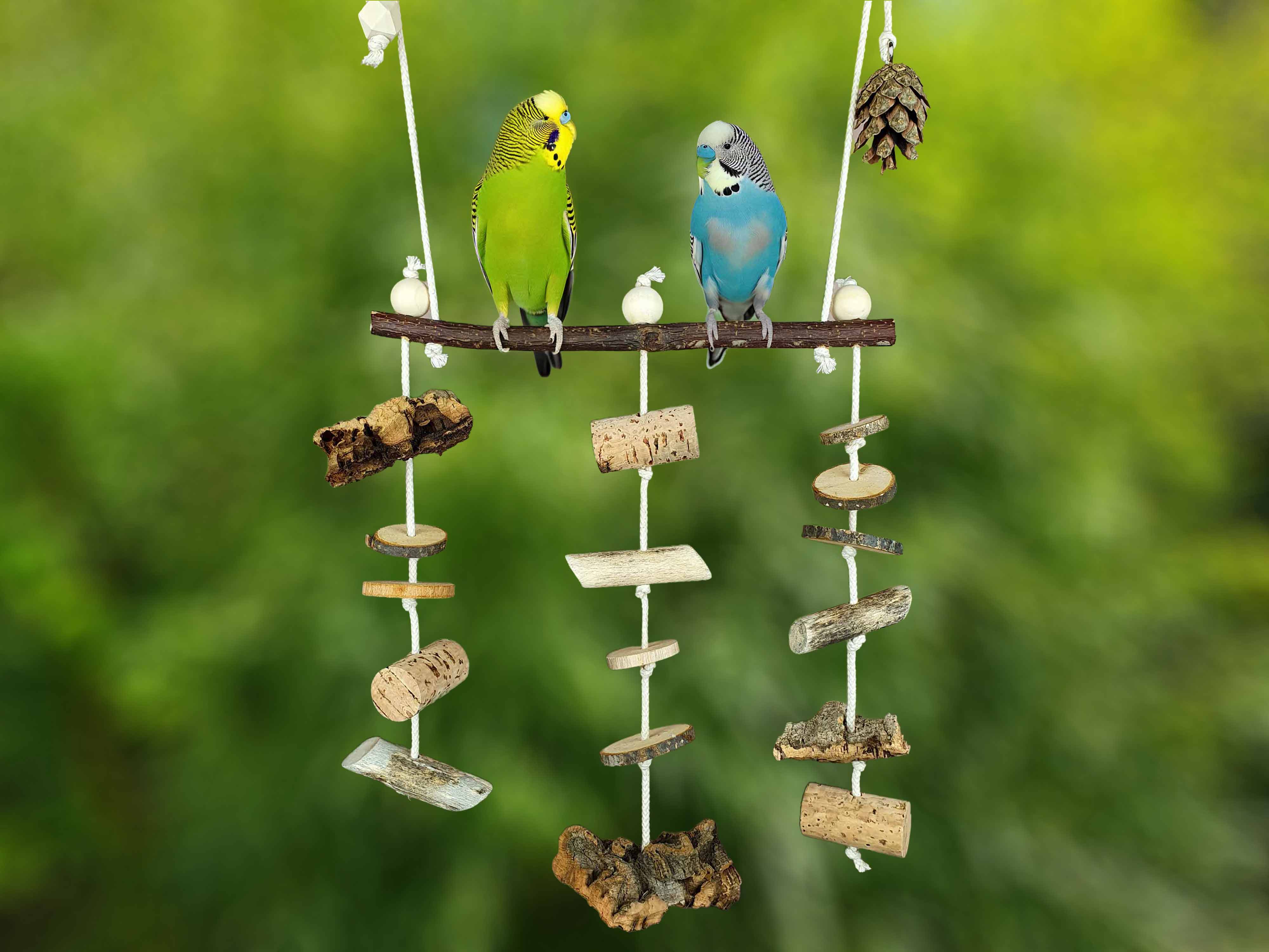 Vogel-Schaukel M unbehandeltes Natur-Holz & Korkrinde zum Knabbern / Natürliches Schredder-Spielzeug Käfig-Zubehör Wellensittich Nager Maus