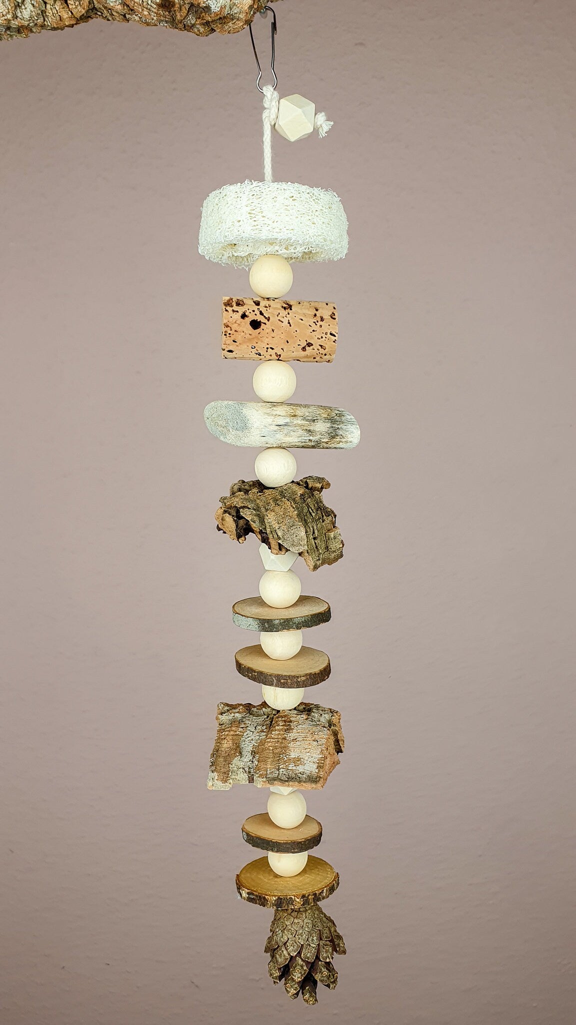 Vogel-Spielzeug 40 cm / aus Natur-Kork & unbehandeltem Knabber-Holz - Schredder-Spaß Käfig-Zubehör für Wellensittiche Nager Maus