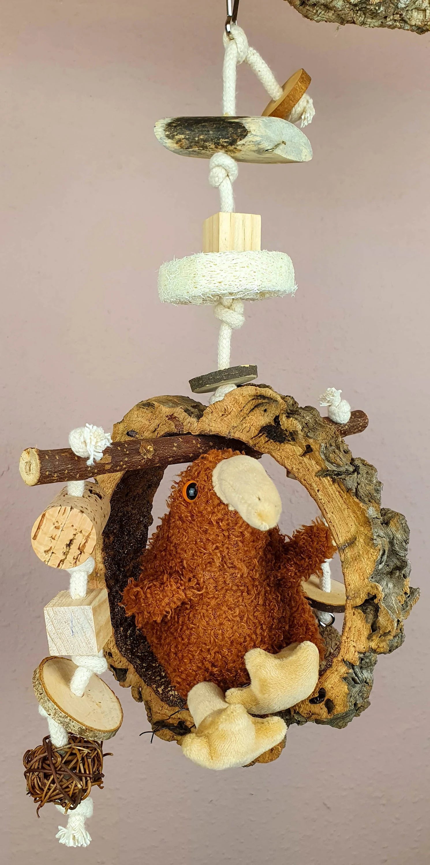 Kork Vogel-Schaukel Rund / Ring-Schaukel mit Natur-Holz Sitz-Stange & Knabber-Spaß / Schredder-Spielzeug Käfig-Zubehör Voliere Freiflug Wellensittich Nager