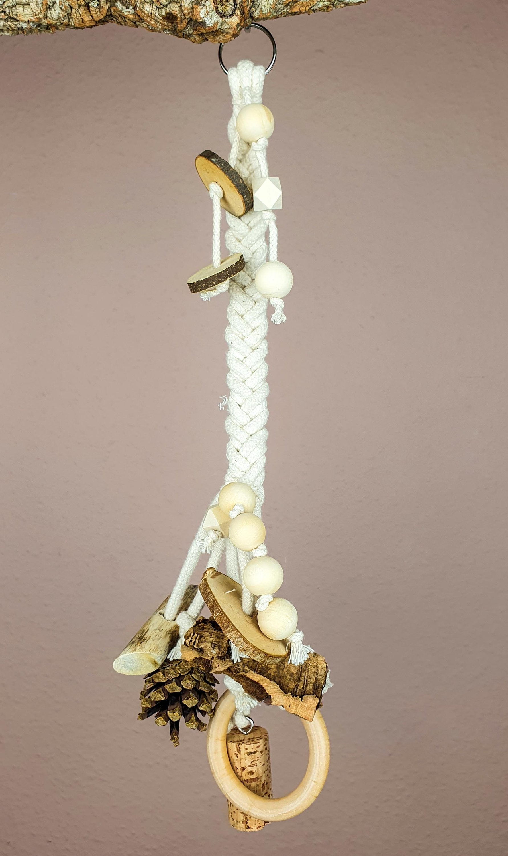 Vogel-Spielzeug / Knabber-Seil - Baumwolle mit Natur-Holz & Kork 35 cm / Schredder-Spaß Käfig-Zubehör Wellensittiche Nager Hamster Deko