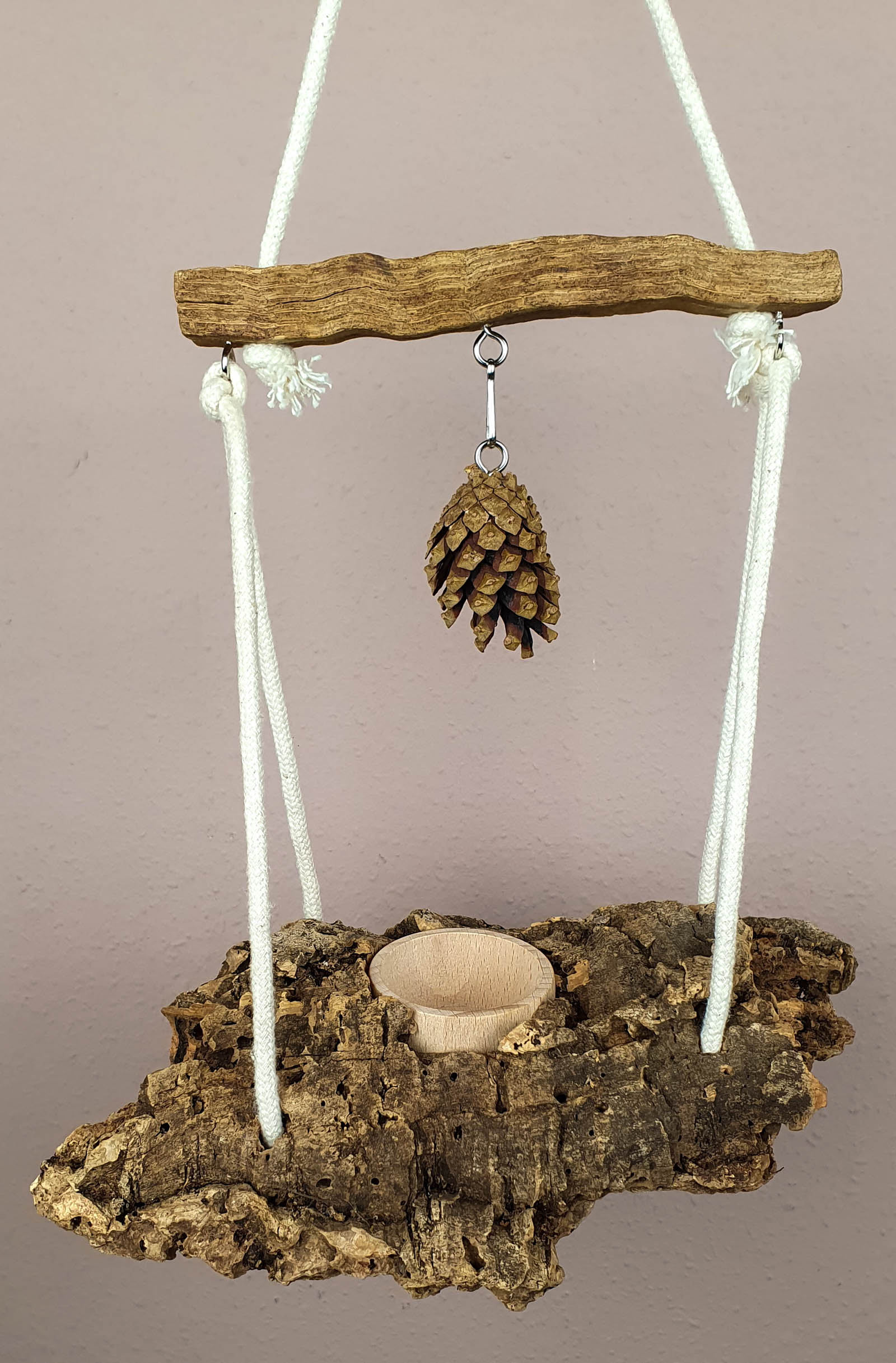 Vogel-Kork-Schaukel mit Snack-Schale / Korkrinden-Sitz-Brett, unbehandelt zum Knabbern / Käfig-Zubehör Voliere Wellensittich Nager